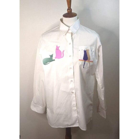 Infinity Fashion Button Down Shirt Womens M White Cat Appliques Rhinestones NWT - Picture 2 of 7